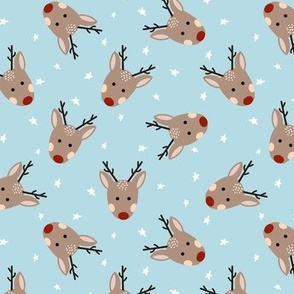 Tossed cute Christams reindeer, stars on blue 6x6