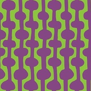 Smaller / Groovy graphic two tone ogee stripe / Hand drawn feel / irregular shapes / purple on a green ground