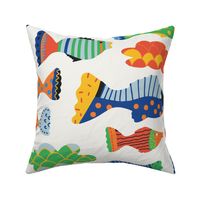 Large -Skyfish, bright, colourful fish  and cloud design. Primary colours on white background.