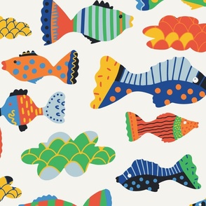 Large -Skyfish, bright, colourful fish  and cloud design. Primary colours on white background.