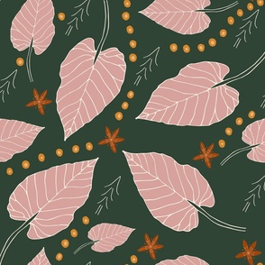 Fall leaves in forest green pink and brown