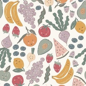 Happy Fruit and Vegetables-Cute Kids Eat Healthy food_Medium - Dusty Multi with outlines