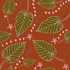 Fall leaves in festive maroon and green