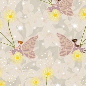 Pink and Yellow Baby Girl Nursery, Multicultural Girl Fairies Pattern, Glistening White Stars, Girly Dandelion Flower Wishes 