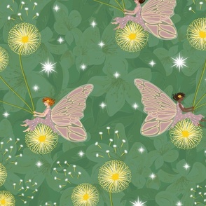 Flower Fairies Magic Fairy Garden, Baby Girls Bedroom, Colorful Kids Decor, White Clouds and Sparkly Star Dots, Girly Pattern Fairy Wallpaper in Emerald Green Pink Yellow
