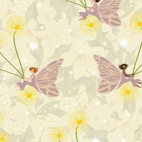 White Lily Flowers, Pink Flying Fairies Nursery Design, Birthday Party Fairy Pattern, Pink Fairy Wings, Yellow Kids Design