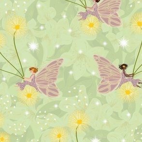 Multicultural Girls Whimsical Fairy Pattern, Novelty Girls Bedroom or Birthday Party Decor, Kids Botanical Floral Fantasy on Chartreuse Green