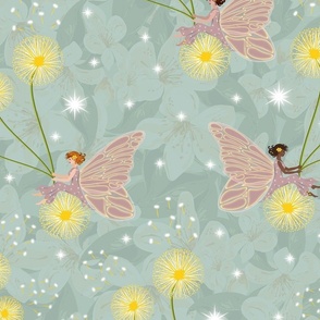Dandelion Flower Yellow Fairy Pattern, Majestic Shining White Twinkly Stars, Little Girl Baby Nursery on Botanical Teal Blue Floral