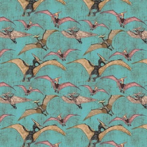Small Flying Pteranodons against turquoise background 