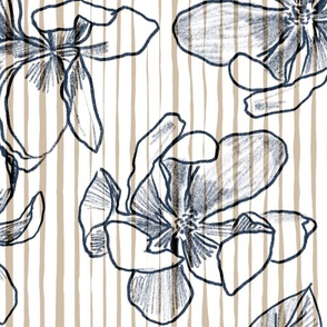 Floral Fade Navy Magnolia on Taupe Stripes