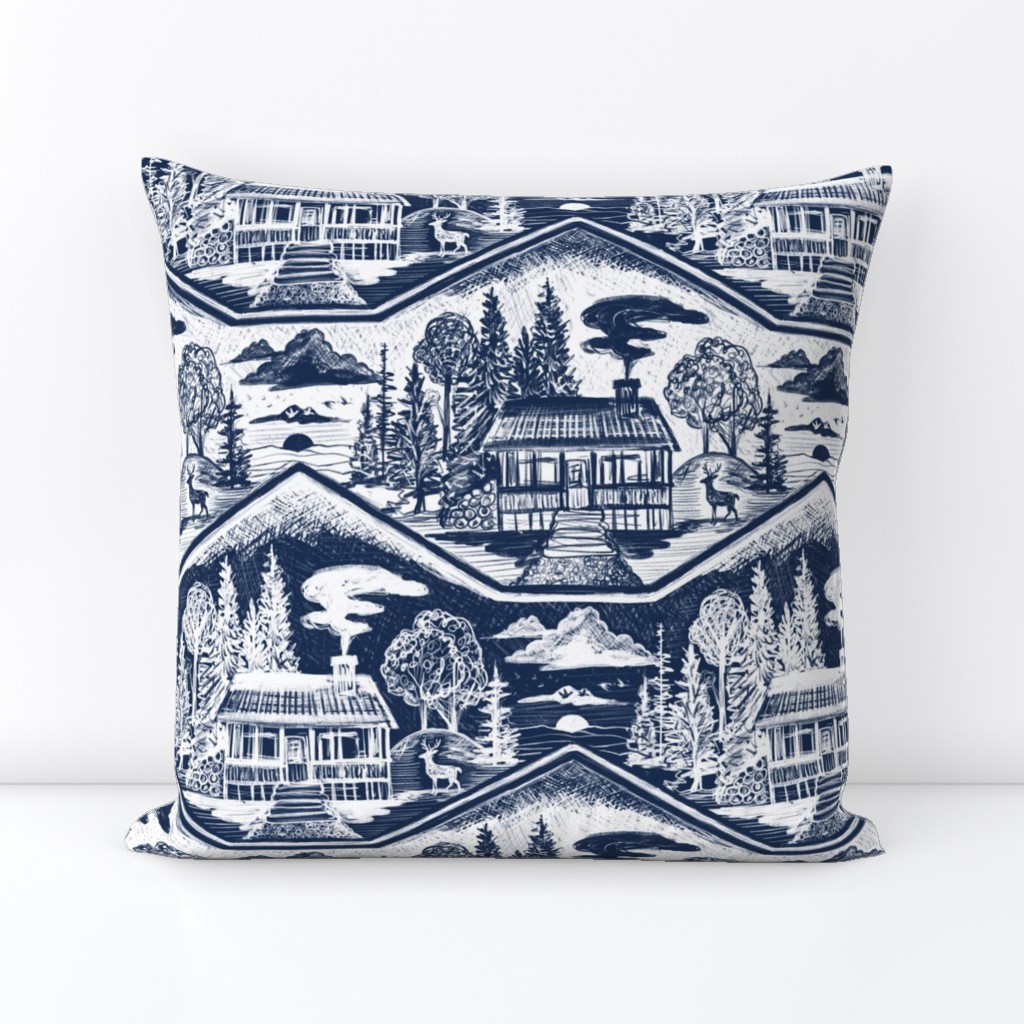 Cozy Cabin Block Print, Navy on Bone