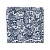 Cozy Cabin Block Print, Navy on Bone