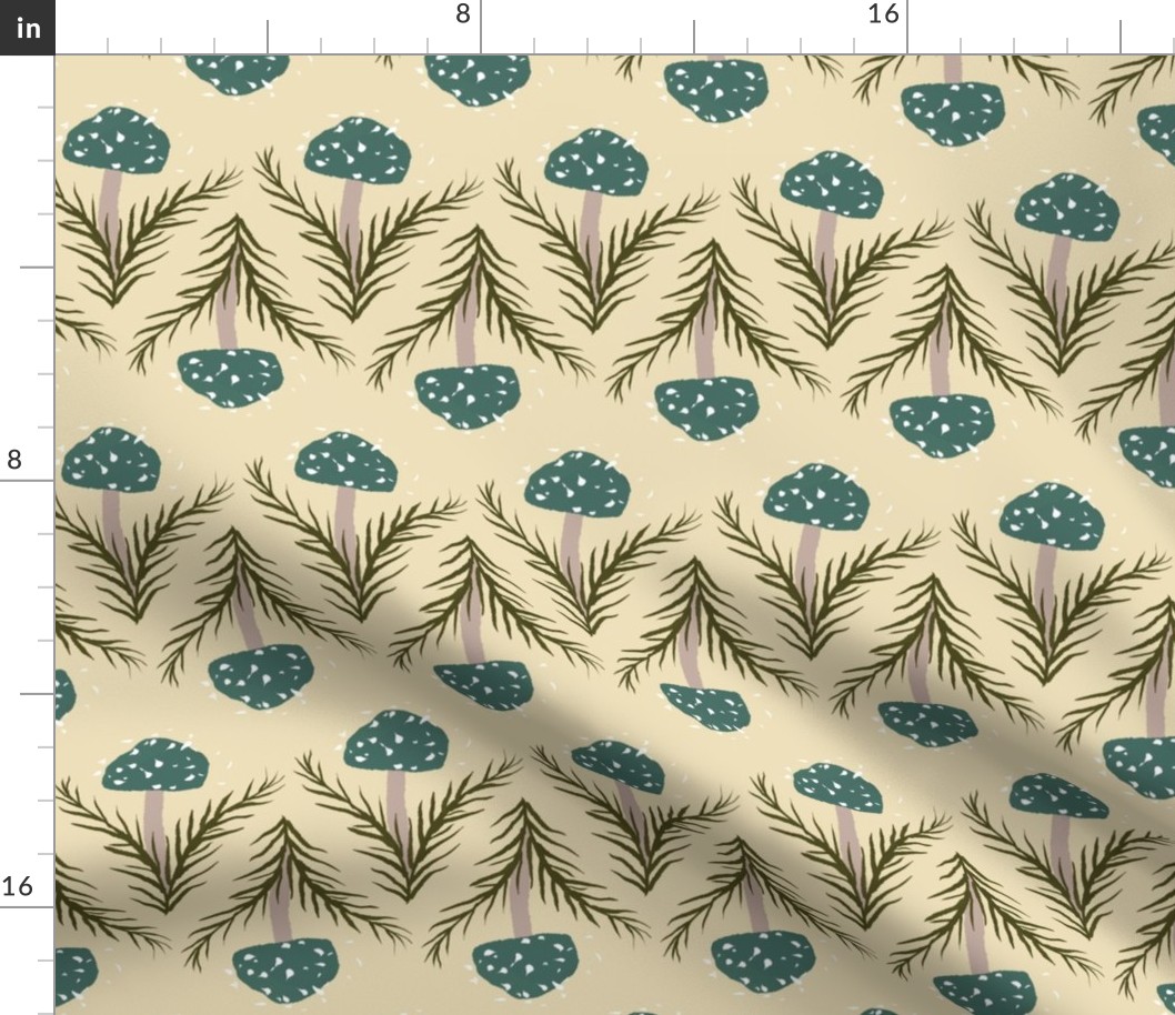 12" Blue Mushrooms and Leaves - Border Pattern on Ecru Background