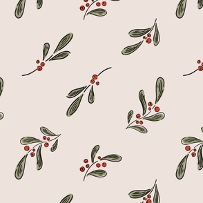Diagonal Mistletoes  – beige, forest green, olive green and red   // Big scale
