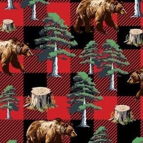 Black and Red Buffalo Plaid, Cozy Lumberjack Bear Pattern, Red Gingham Check, Pine Tree Forest, Grizzly Brown Bear (Medium Scale)