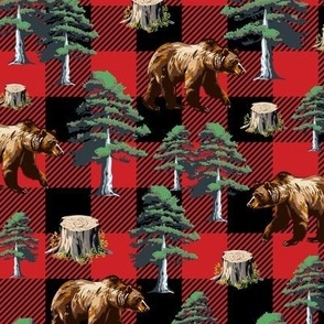 Red Black Buffalo Bear Plaid, Cozy Lumberjack Gingham Check, Green Pine Tree Forest on Checkerboard, Brown Grizzly Bear (Small Scale)