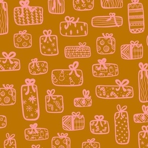 Vintage winter gifts and presents in christmas wrapping paper - mustard gold pink.