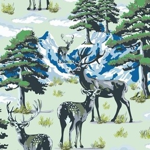 Whimsical Green Woodland Wild Deer Park, White Snow Covered Mountain River Crossing, Evergreen Trees, Green Pine Tree Forest on Green (Medium Scale)