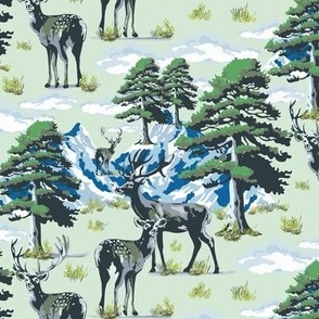 Wild Deer Fawn Park in Mountain Snow River Crossing, Whimsical Evergreen Trees, Green Pine Tree Forest on Green (Small Scale)