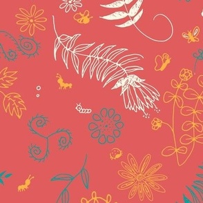 Floral doodles in colors repeat pattern on coral, Large 15,75 inches