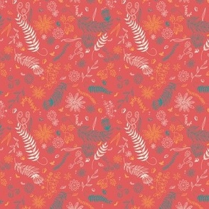 Floral doodles in colors repeat pattern on coral, small 4 inches
