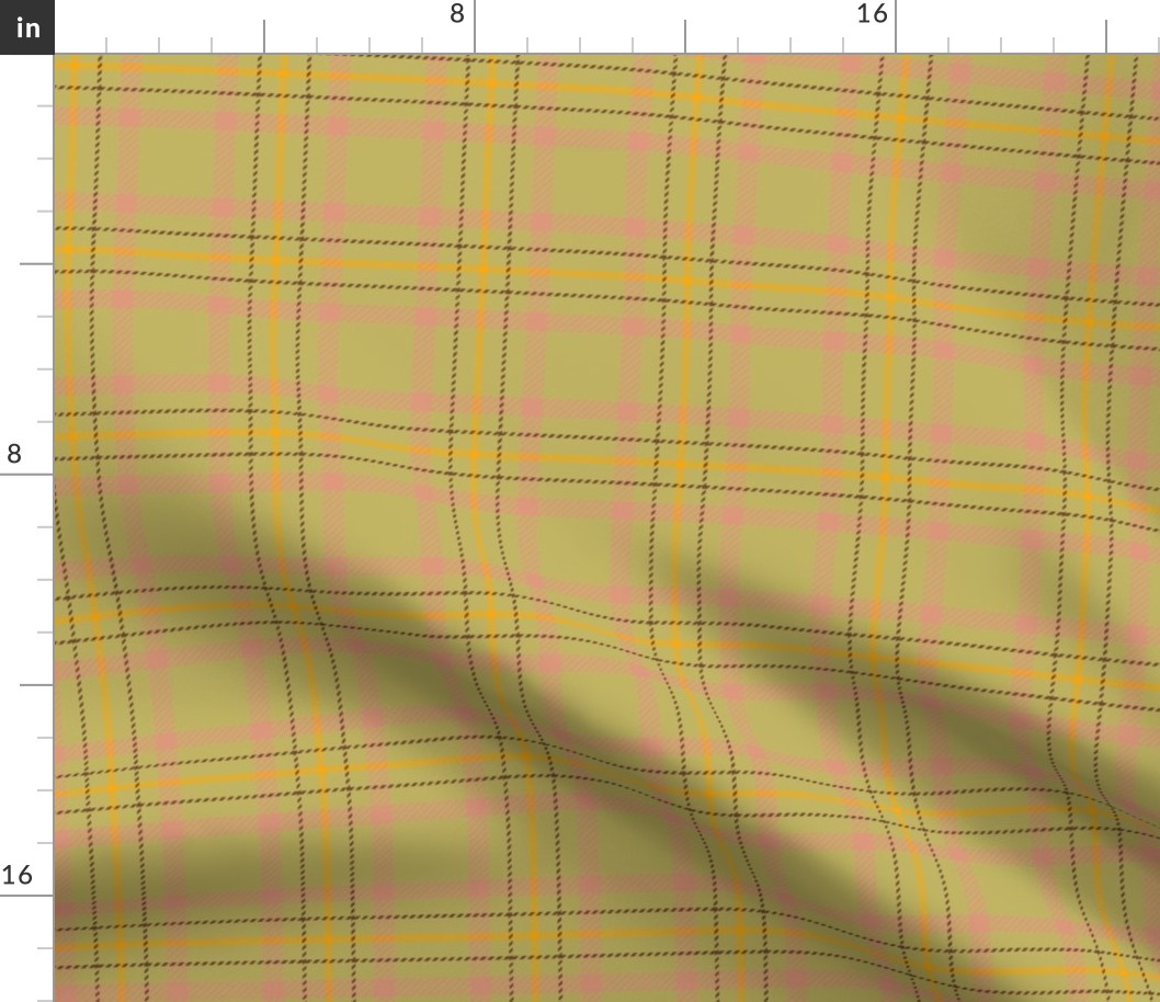 70s Vintage Tartan Fabric - Olive Green Plaid, Coral Pink, Chocolate Brown, Orange