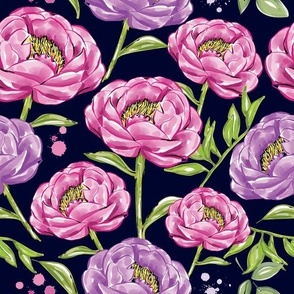 Large Fuchsia and Purple Peonies on Indigo for Mother's Day