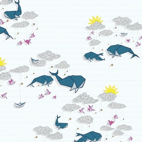 Paper daydreams -  Surrealist wallpaper of origami whales in a geometric sky