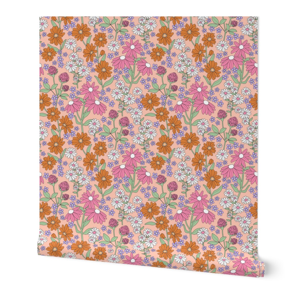 Wildflowers meadow - Flowers branches on stem botanical spring garden bright retro groovy palette pink orange mint green on soft blush pink  