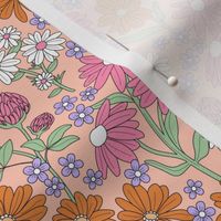 Wildflowers meadow - Flowers branches on stem botanical spring garden bright retro groovy palette pink orange mint green on soft blush pink  