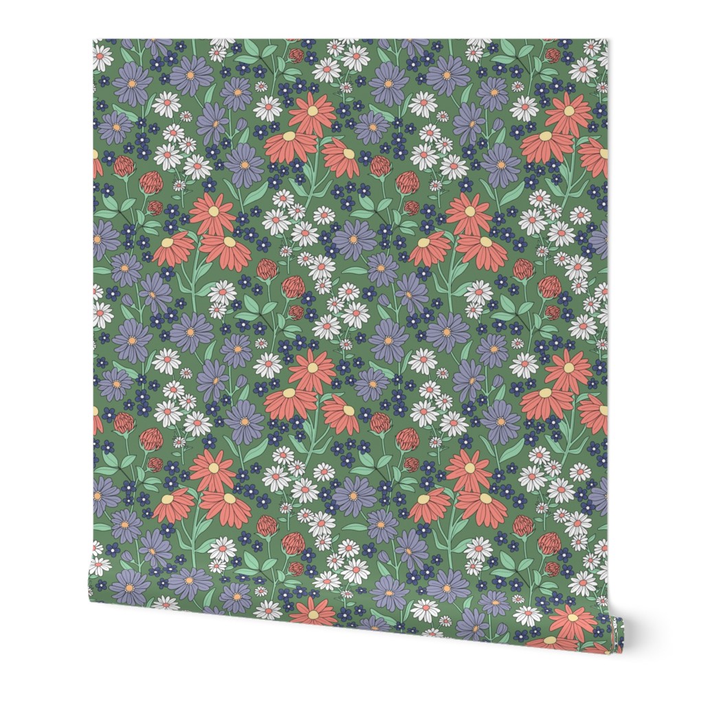 Wildflowers meadow - Flowers branches on stem botanical spring garden lilac coral mint on olive green 
