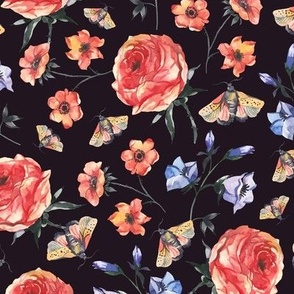 Vintage watercolor roses with moths on black