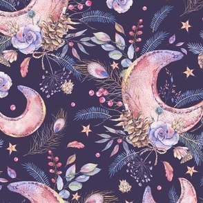 Watercolor floral moon on black