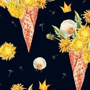 Watercolor waffle cone with dandelion flowers on black