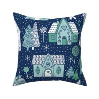 gingerbread houses in the snow, mint and ice blue on navy - Large scale by Cecca Designs