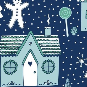 gingerbread houses in the snow, mint and ice blue on navy - Large scale by Cecca Designs