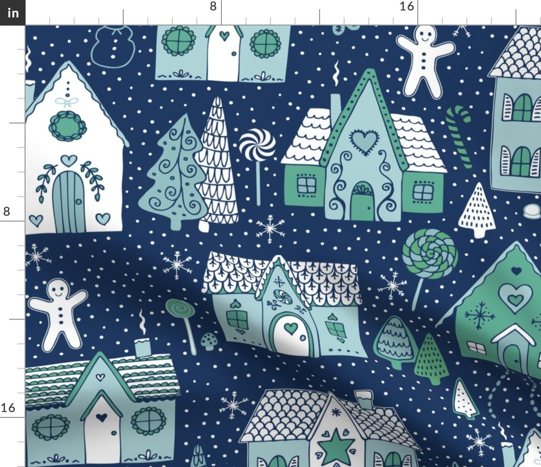 gingerbread houses in the snow, mint and ice blue on navy - Large scale by Cecca Designs