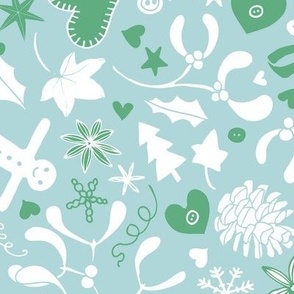 Mistletoe & Gingerbread Ditsy - Ice blue and mint - large scale