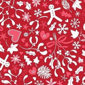 Mistletoe & Gingerbread Ditsy - Red and pink - Medium scale