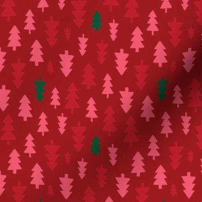 Christmas Trees - Pink, red and pine on deep red - Medium scale