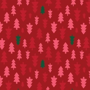 Christmas Trees - Pink, red and pine on deep red - Medium scale