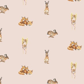 Forest Animals Foxes Hare and Mice  on Soft Beige