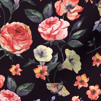 Vintage watercolor roses with moths on black