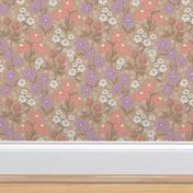 Wildflowers meadow - Flowers branches on stem botanical spring garden pastel vintage white lilac pink on tan  