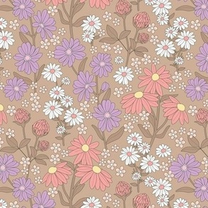 Wildflowers meadow - Flowers branches on stem botanical spring garden pastel vintage white lilac pink on tan  
