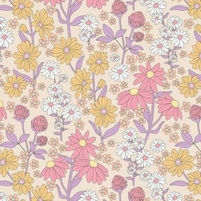Wildflowers meadow - Flowers branches on stem botanical spring garden pastel vintage yellow lilac pink on cream sand  