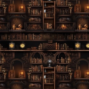 Spooky Photo-realisticSmall Dark Academia Stampunk Bookshelves in Muted Tones with Glowing Candles and Skulls