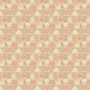 Weave Texture with line art leaf branches on the background and light beige and peach flowers floral_yellow