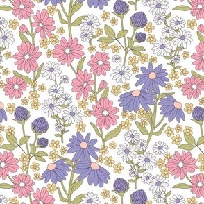 Wildflowers meadow - Flowers branches on stem botanical spring garden pastel vintage vanilla pink matcha green yellow periwinkle on white