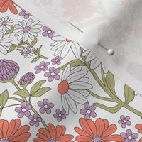 Wildflowers meadow - Flowers branches on stem botanical spring garden pastel vintage orange lilac matcha green on white